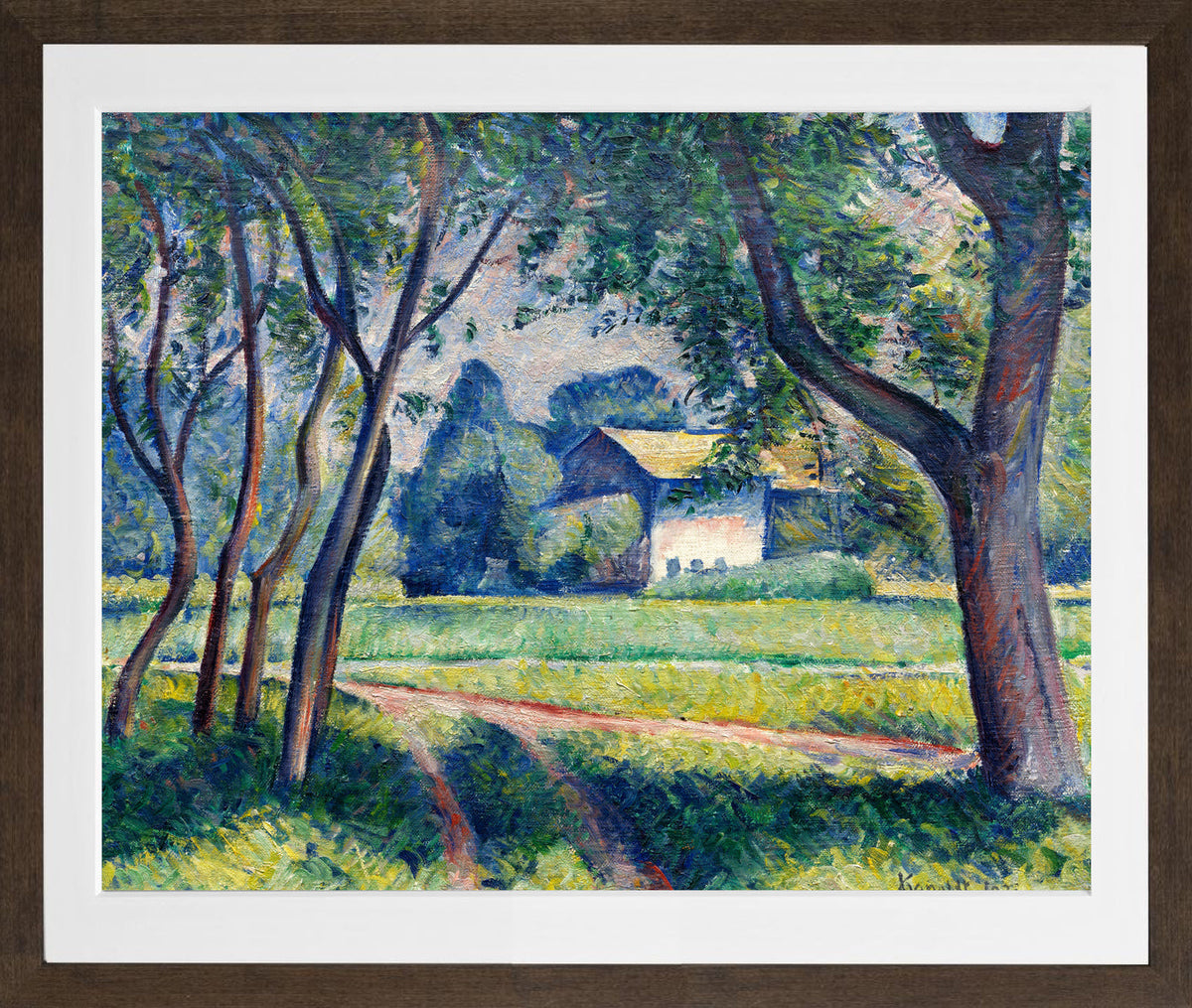 Wiesenlandschaft mit Gehöft (1921) by Alexander Kanoldt — brown frame