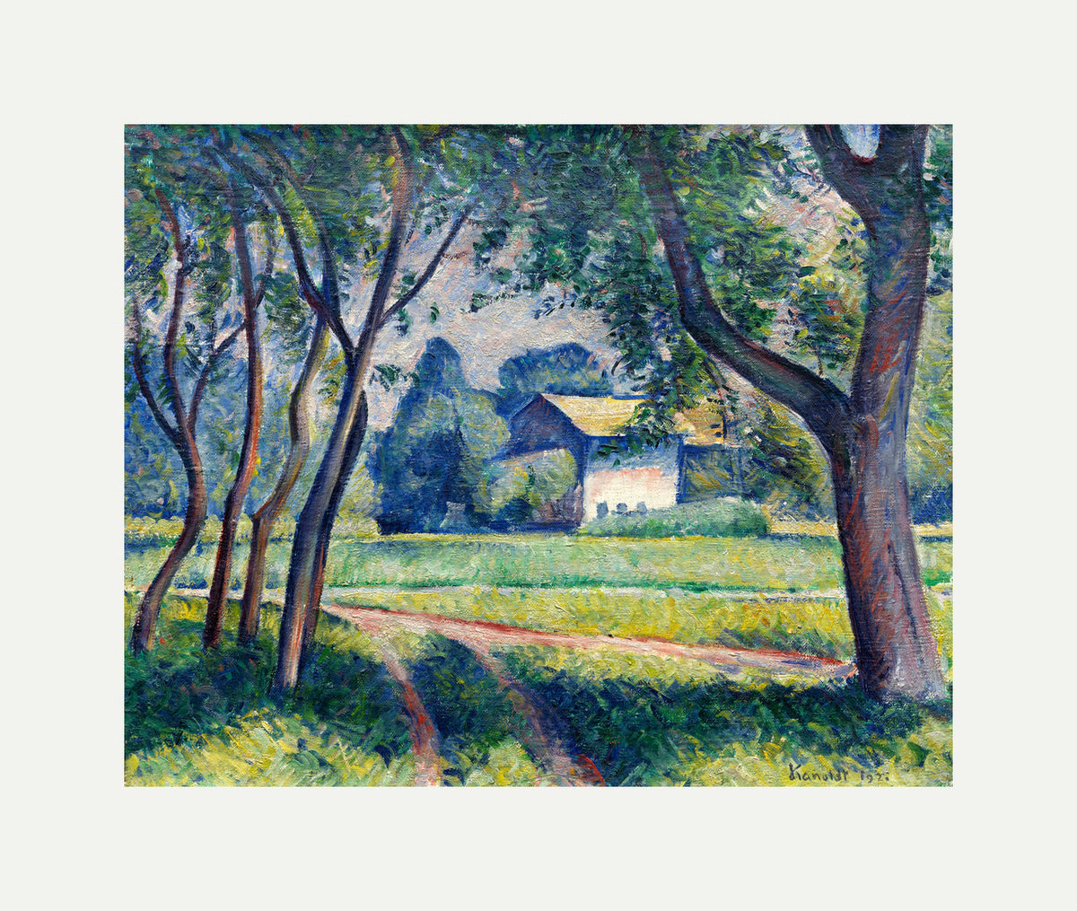Wiesenlandschaft mit Gehöft (1921) by Alexander Kanoldt — rolled canvas