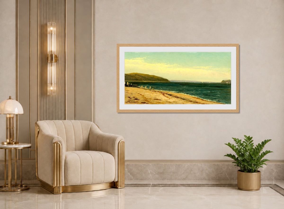 Alfred Thompson Bricher, Beach and Bay with Sailboats — art deco roomset