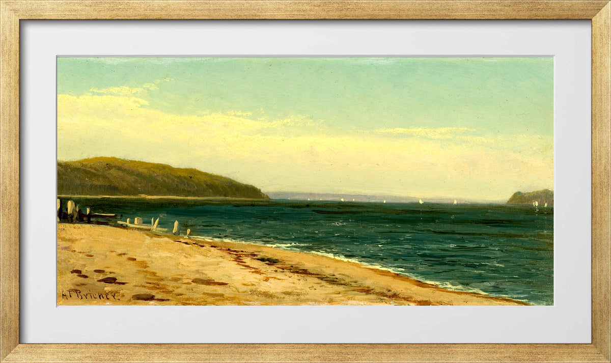 Alfred Thompson Bricher, Beach and Bay with Sailboats — gold frame