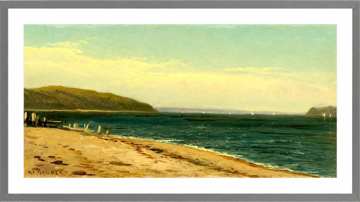 Alfred Thompson Bricher, Beach and Bay with Sailboats — light grey frame