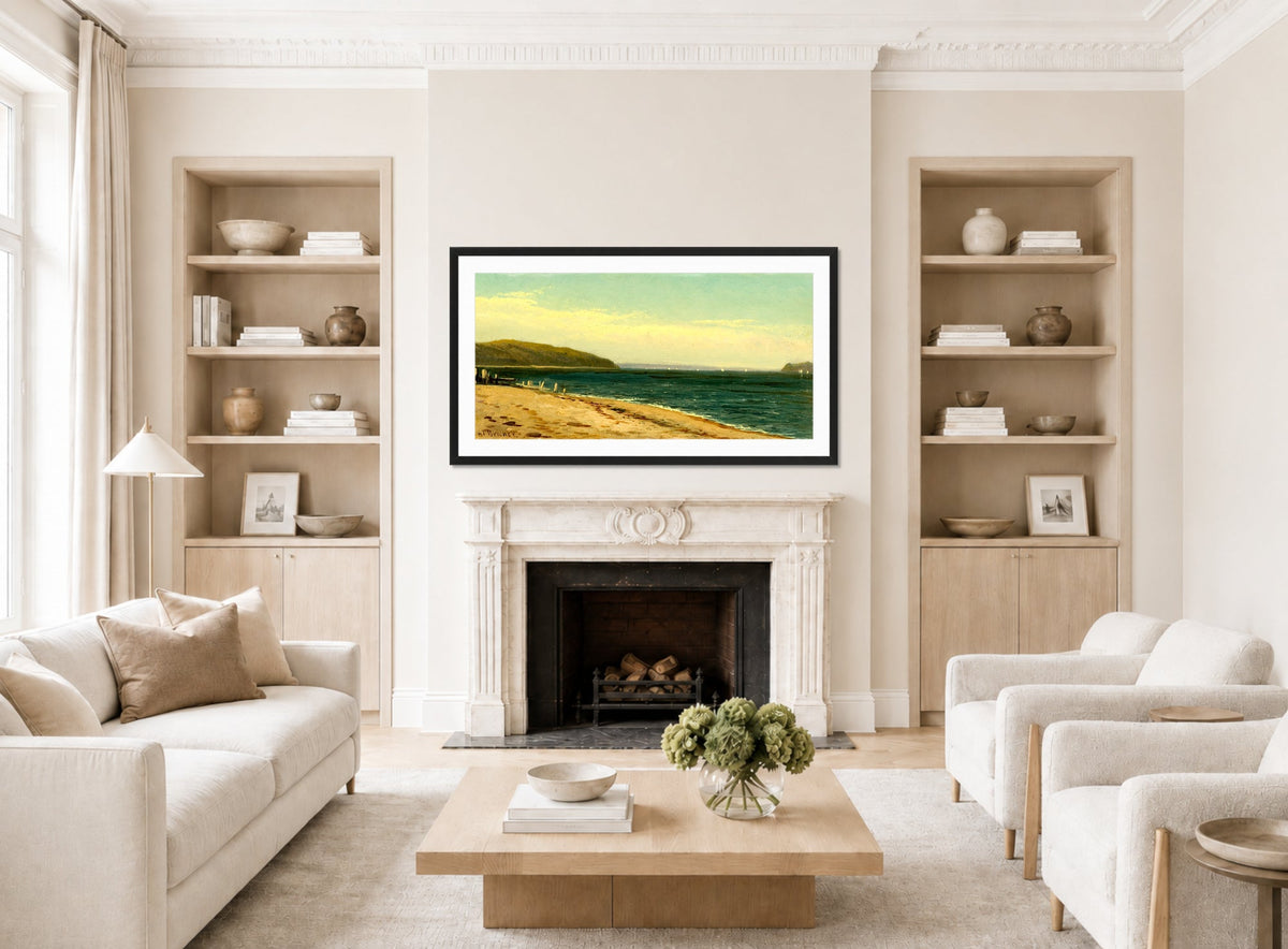 Alfred Thompson Bricher, Beach and Bay with Sailboats — living room roomset