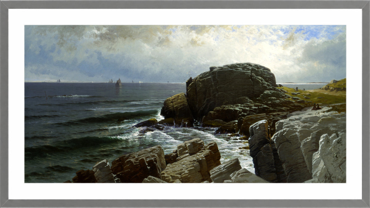 Alfred Thompson Bricher, Castle Rock, Marblehead (1878) — light grey frame
