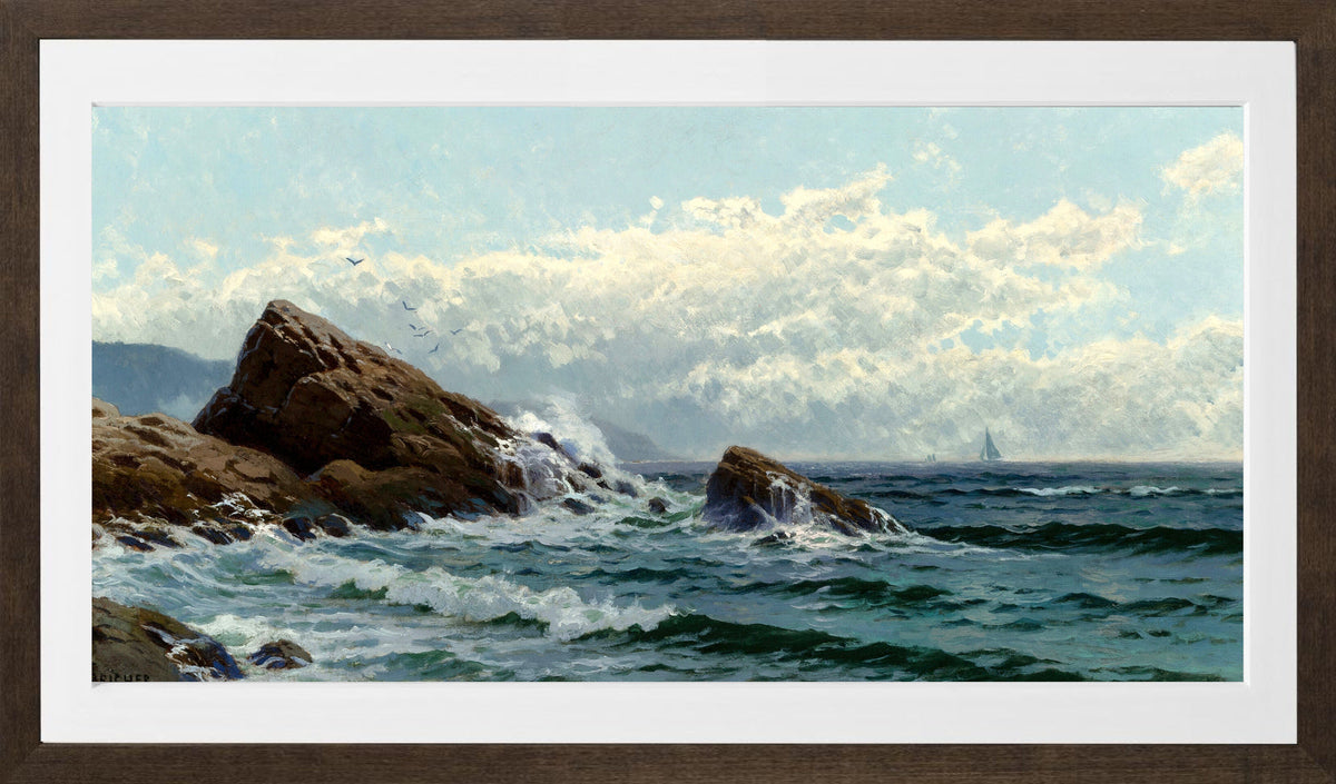 Alfred Thompson Bricher, Crashing Waves — brown frame