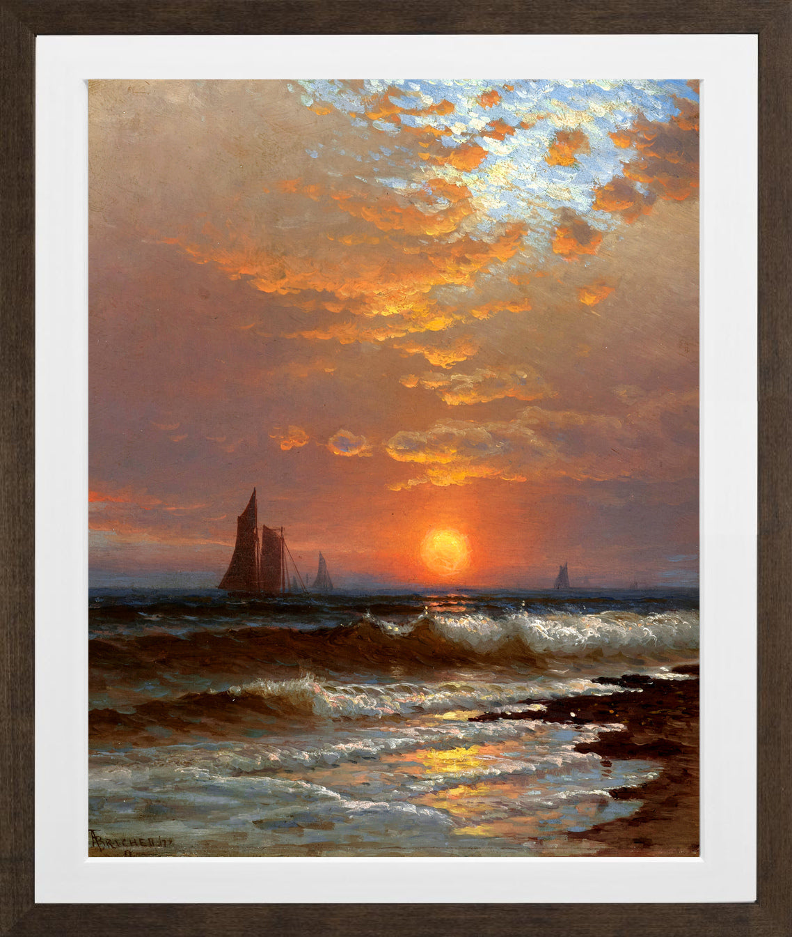 Alfred Thompson Bricher, Sailboats at Sunset — brown frame