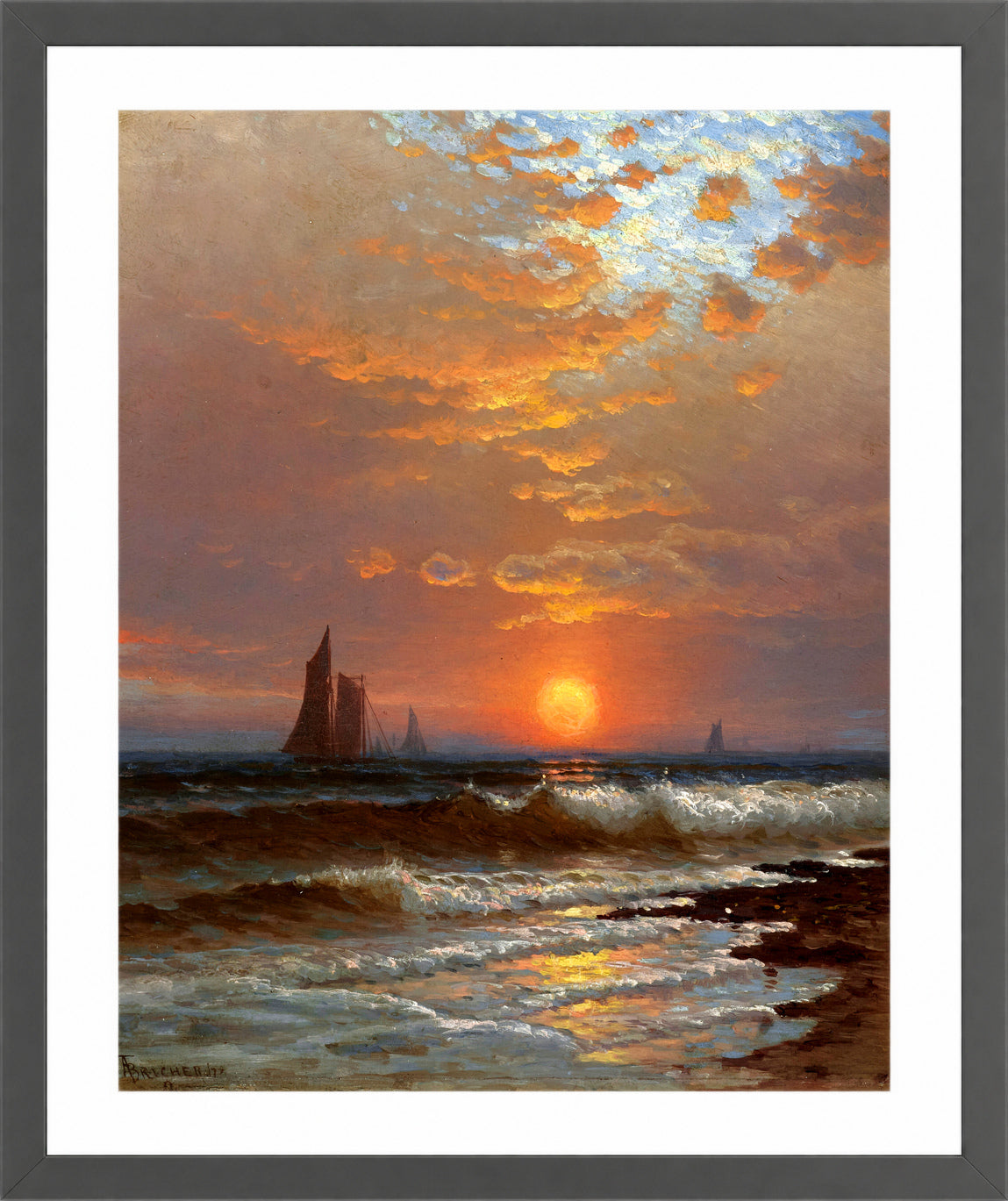 Alfred Thompson Bricher, Sailboats at Sunset — dark grey frame