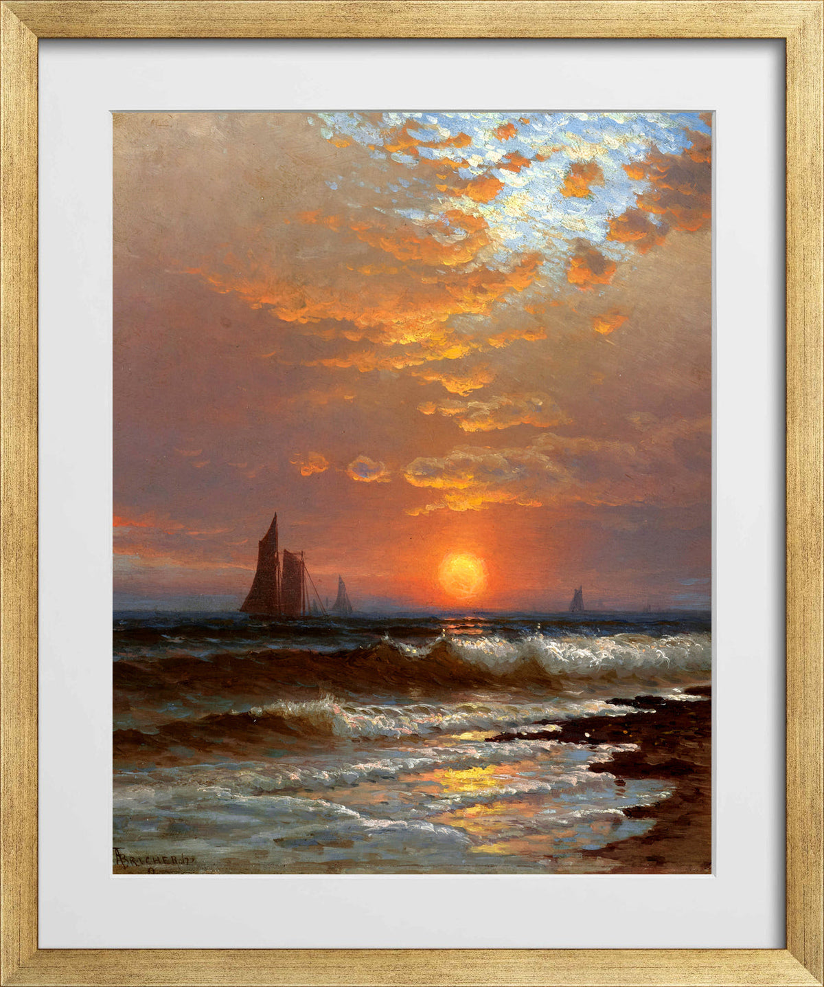Alfred Thompson Bricher, Sailboats at Sunset — gold frame
