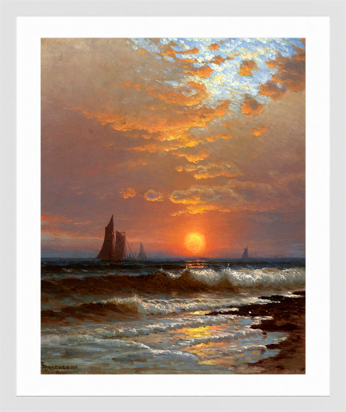Alfred Thompson Bricher, Sailboats at Sunset — white frame