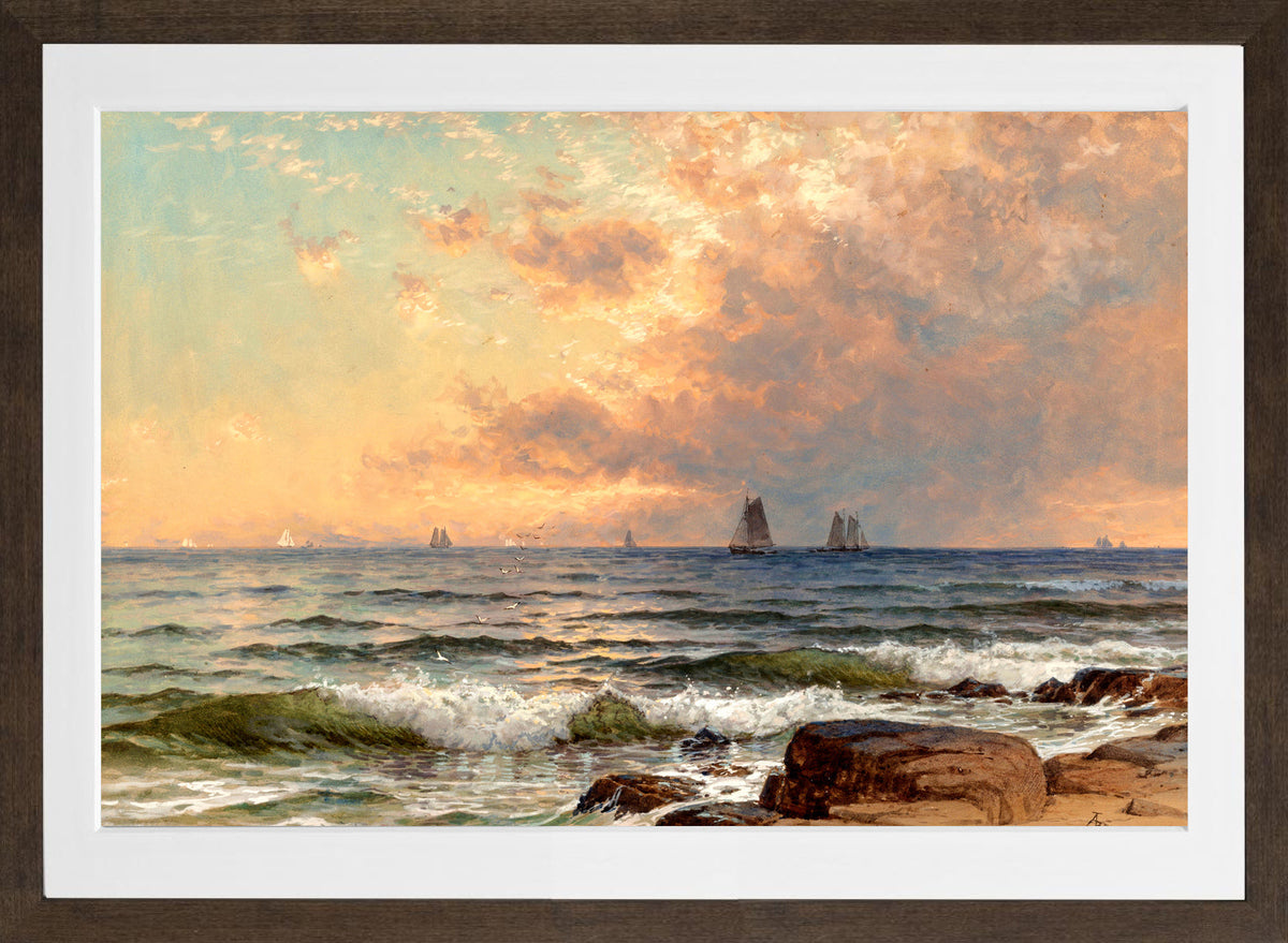 Alfred Thompson Bricher, Sails at Sunset — brown frame