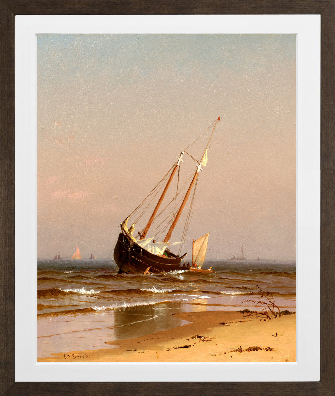 Alfred Thompson Bricher, Seascape, Beached Boat (Ashore on Salisbury Beach) (1872) — brown frame
