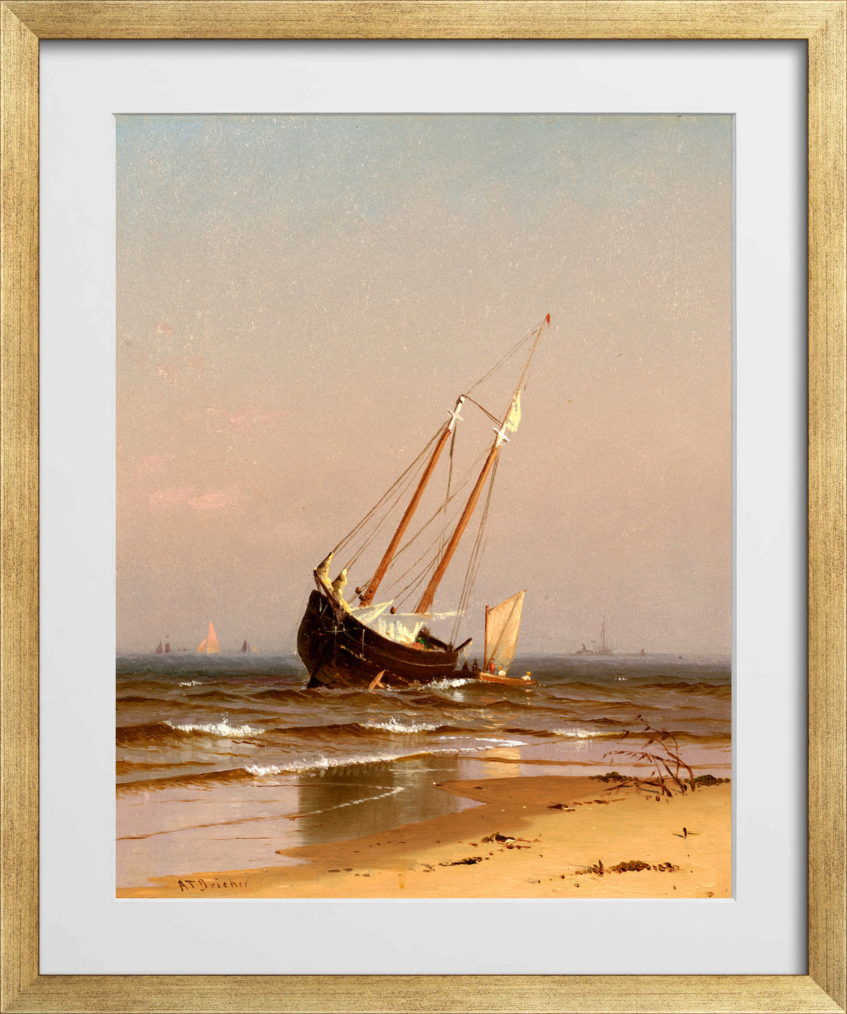 Alfred Thompson Bricher, Seascape, Beached Boat (Ashore on Salisbury Beach) (1872) — gold frame