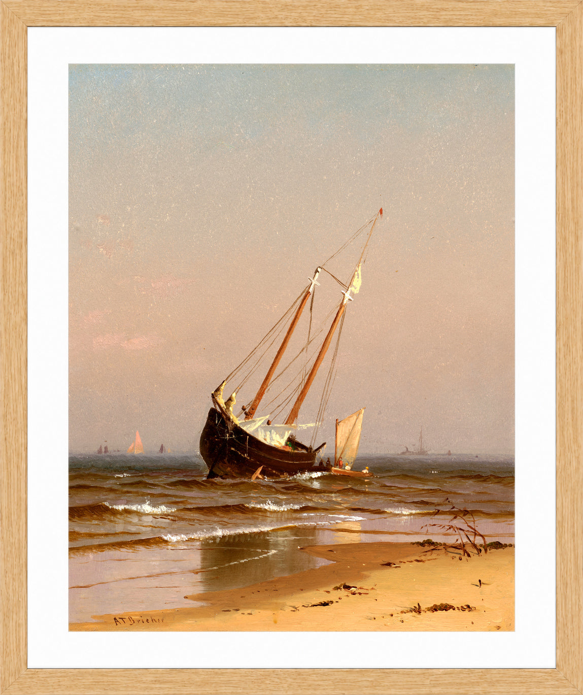 Alfred Thompson Bricher, Seascape, Beached Boat (Ashore on Salisbury Beach) (1872) — oak frame