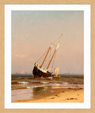 Alfred Thompson Bricher, Seascape, Beached Boat (Ashore on Salisbury Beach) (1872) — oak frame