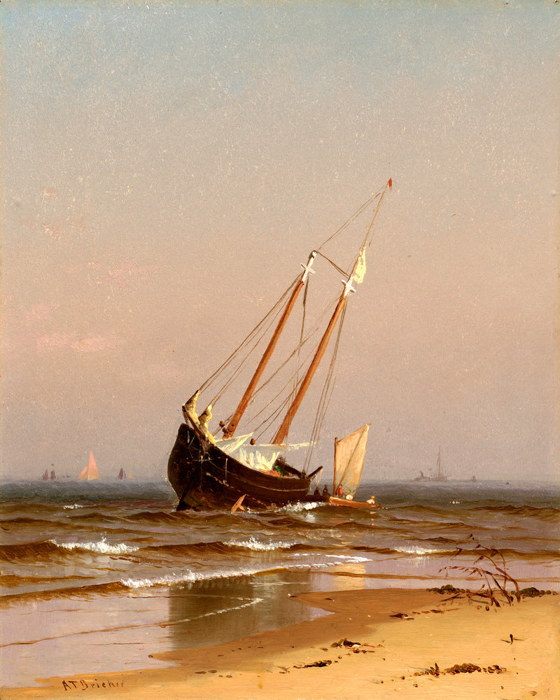 Alfred Thompson Bricher, Seascape, Beached Boat (Ashore on Salisbury Beach) (1872) — unframed