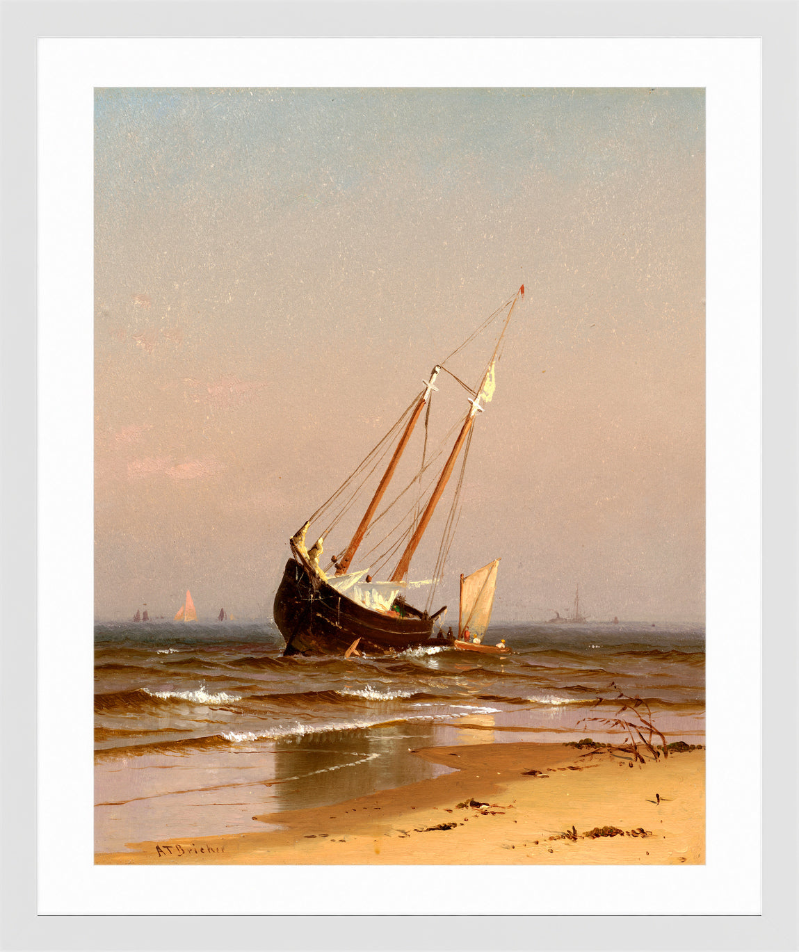 Alfred Thompson Bricher, Seascape, Beached Boat (Ashore on Salisbury Beach) (1872) — white frame