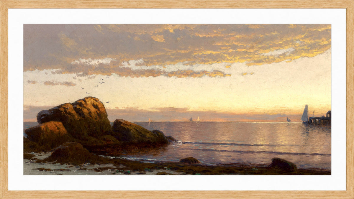 Alfred Thompson Bricher, Sunset on the Coast (1880) — oak frame