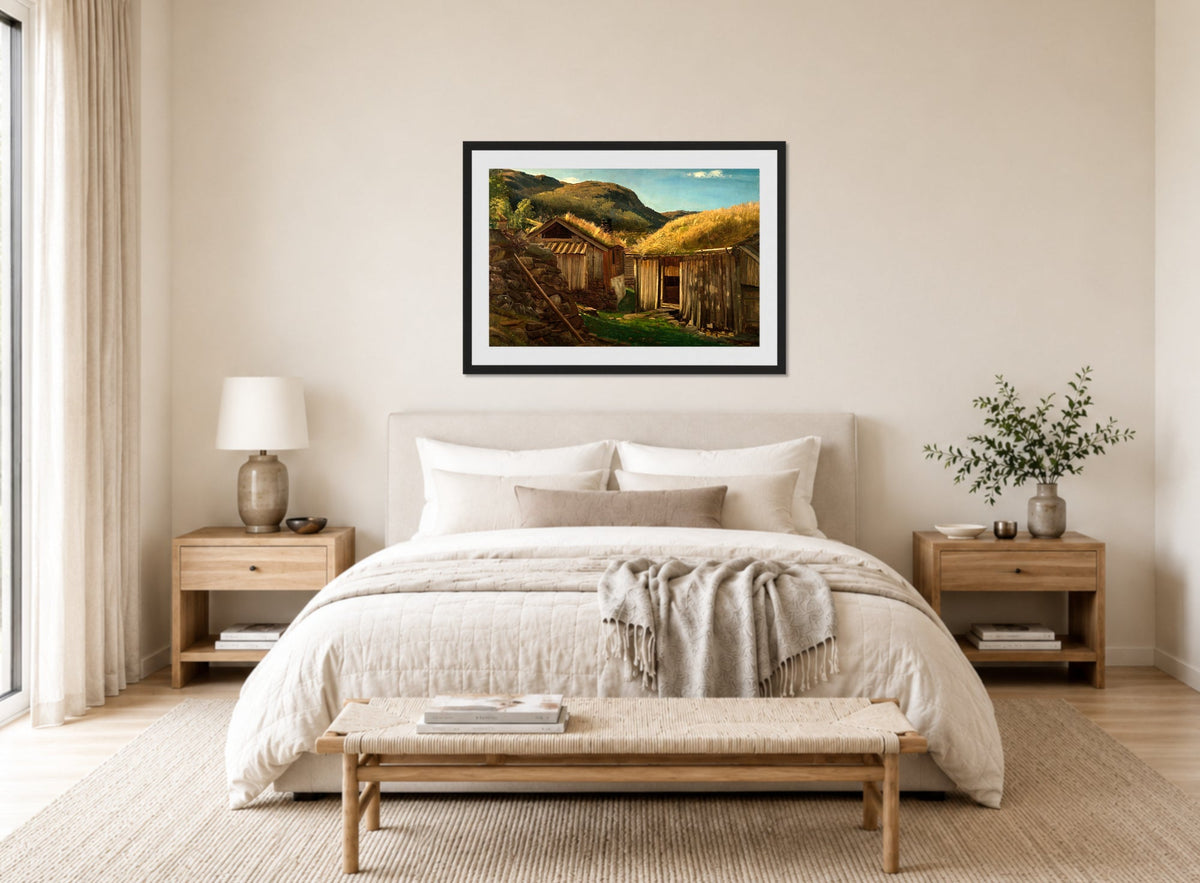 Amaldus Nielsen Print, Aarhus, Suldal, Ryfylke (1864) displayed above a bed