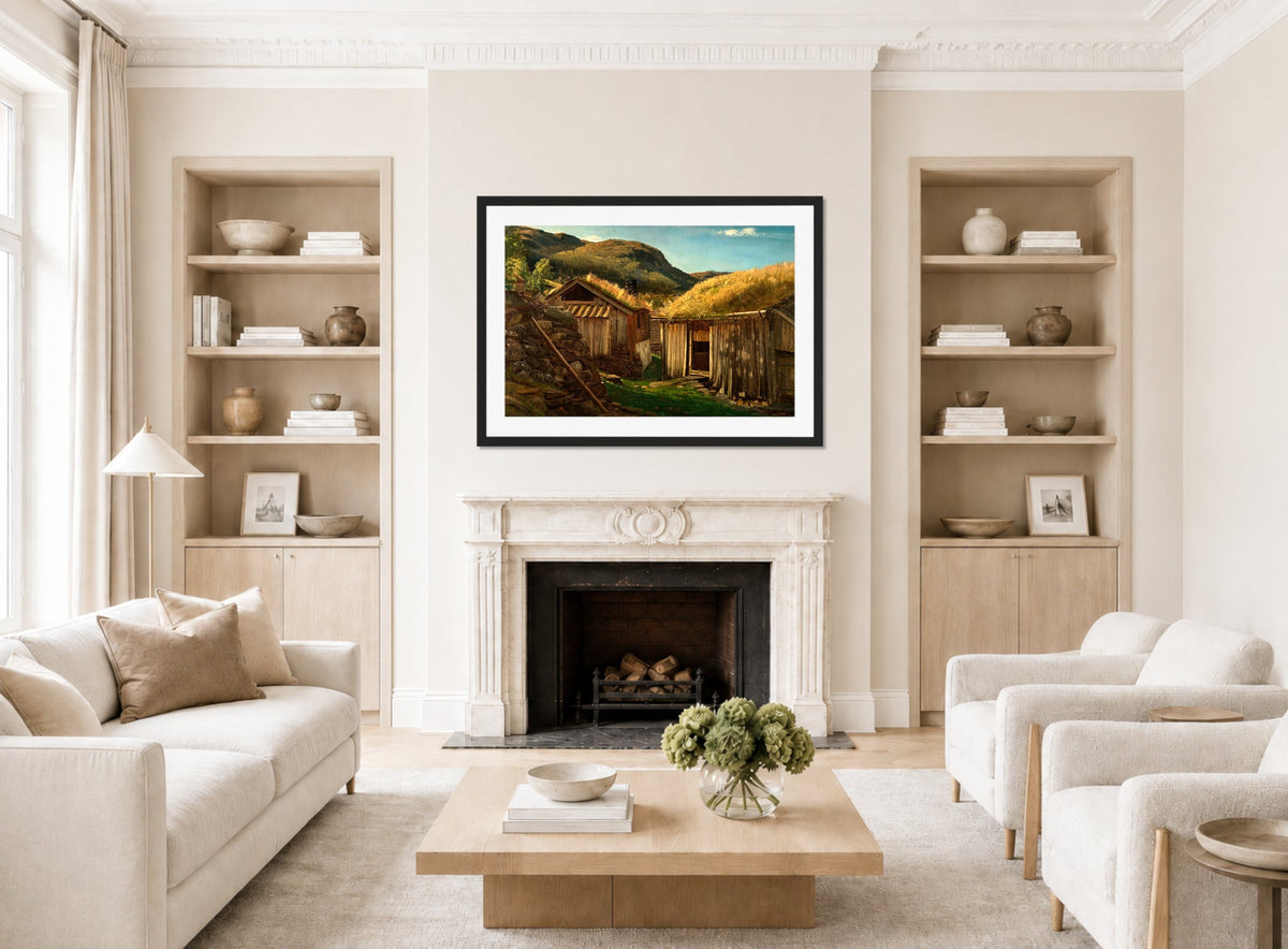 Amaldus Nielsen Print, Aarhus, Suldal, Ryfylke (1864) displayed in a Scandinavian living room