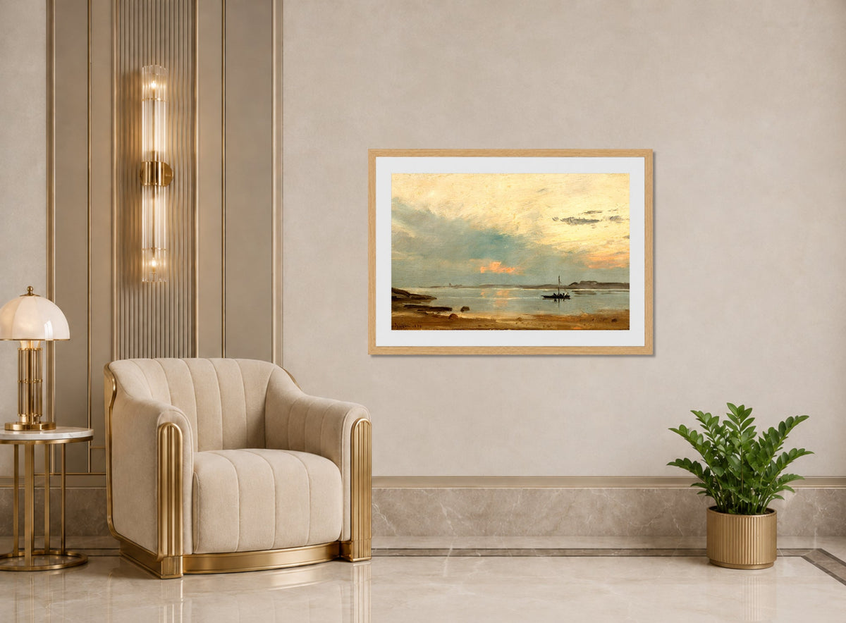 Amaldus Nielsen Print, Aften, Arisholmen (1874) displayed in an Art Deco interior