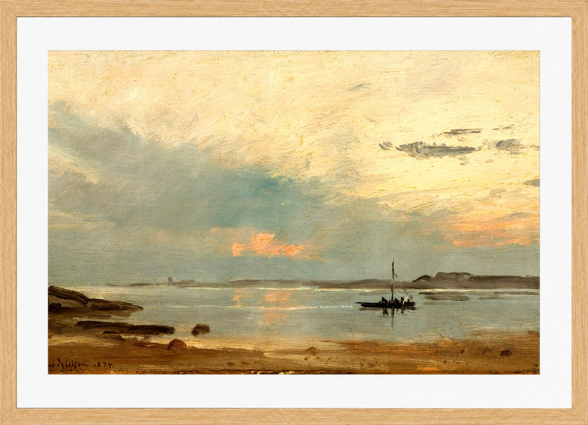 Amaldus Nielsen Print, Aften, Arisholmen (1874) in a light oak frame