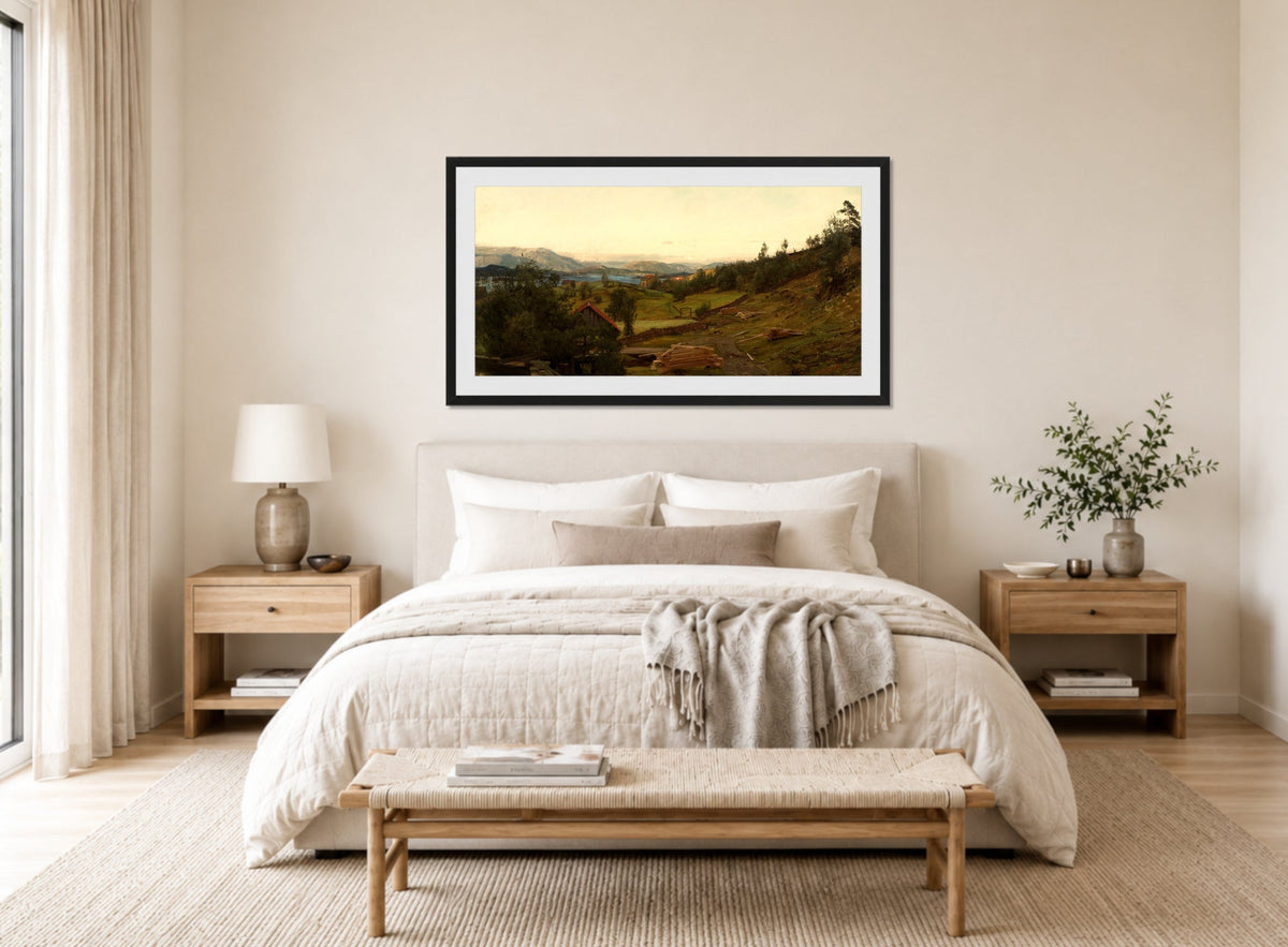 Amaldus Nielsen Print, Aften, Stord (1890) displayed above a bed