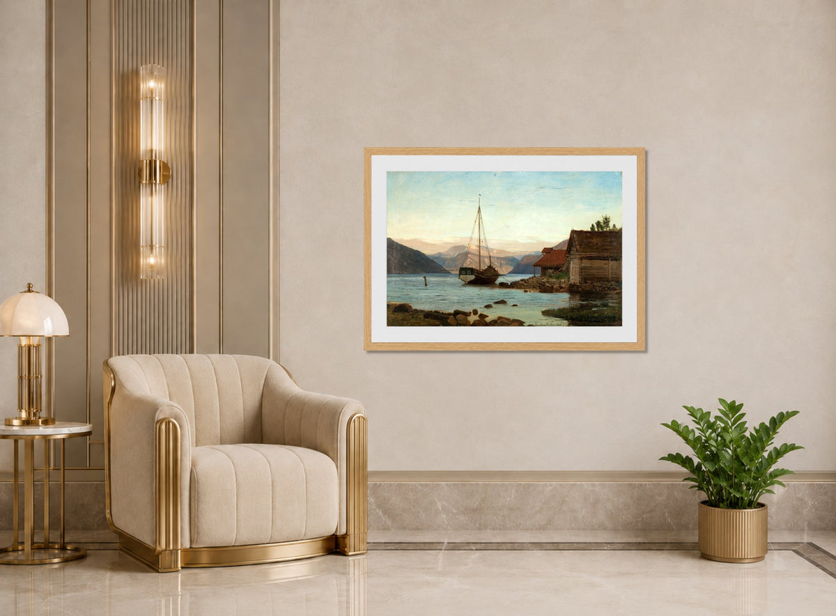 Amaldus Nielsen Print, Aften ved Balestrand (1866) displayed in an Art Deco interior