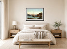 Amaldus Nielsen Print, Aften ved Balestrand (1866) displayed above a bed