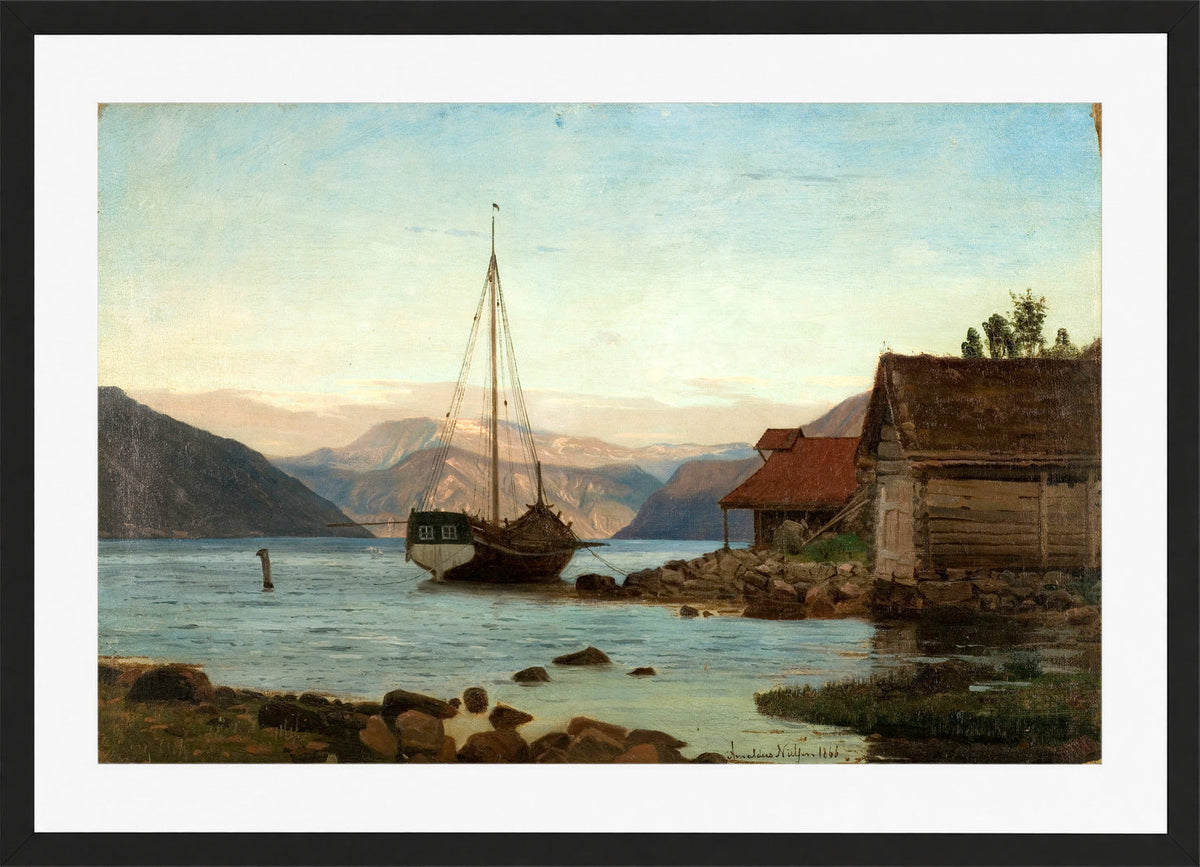Amaldus Nielsen Print, Aften ved Balestrand (1866) in a black frame