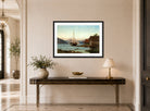 Amaldus Nielsen Print, Aften ved Balestrand (1866) displayed above a console table
