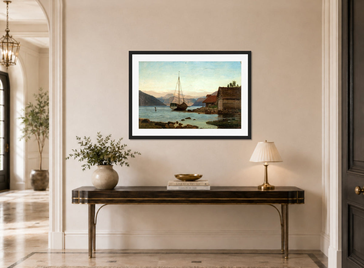 Amaldus Nielsen Print, Aften ved Balestrand (1866) displayed above a console table