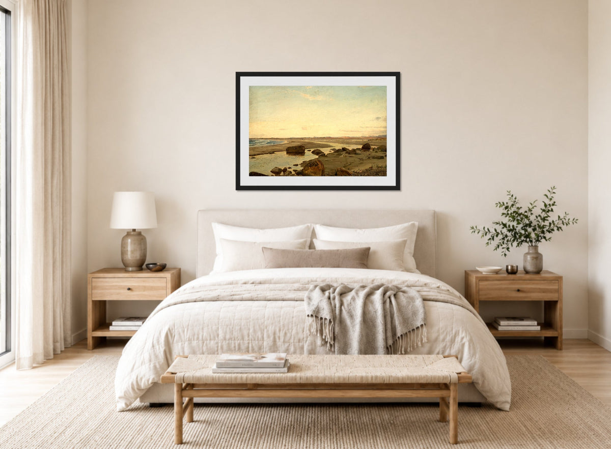 Amaldus Nielsen Print, Aften ved Nærland, Jæren (1894) displayed above a bed