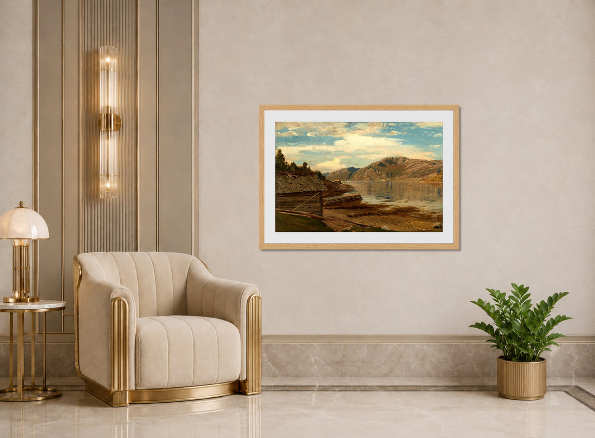 Amaldus Nielsen Print, Aften ved Ænes, Kvinnherred (1865) displayed in an Art Deco interior
