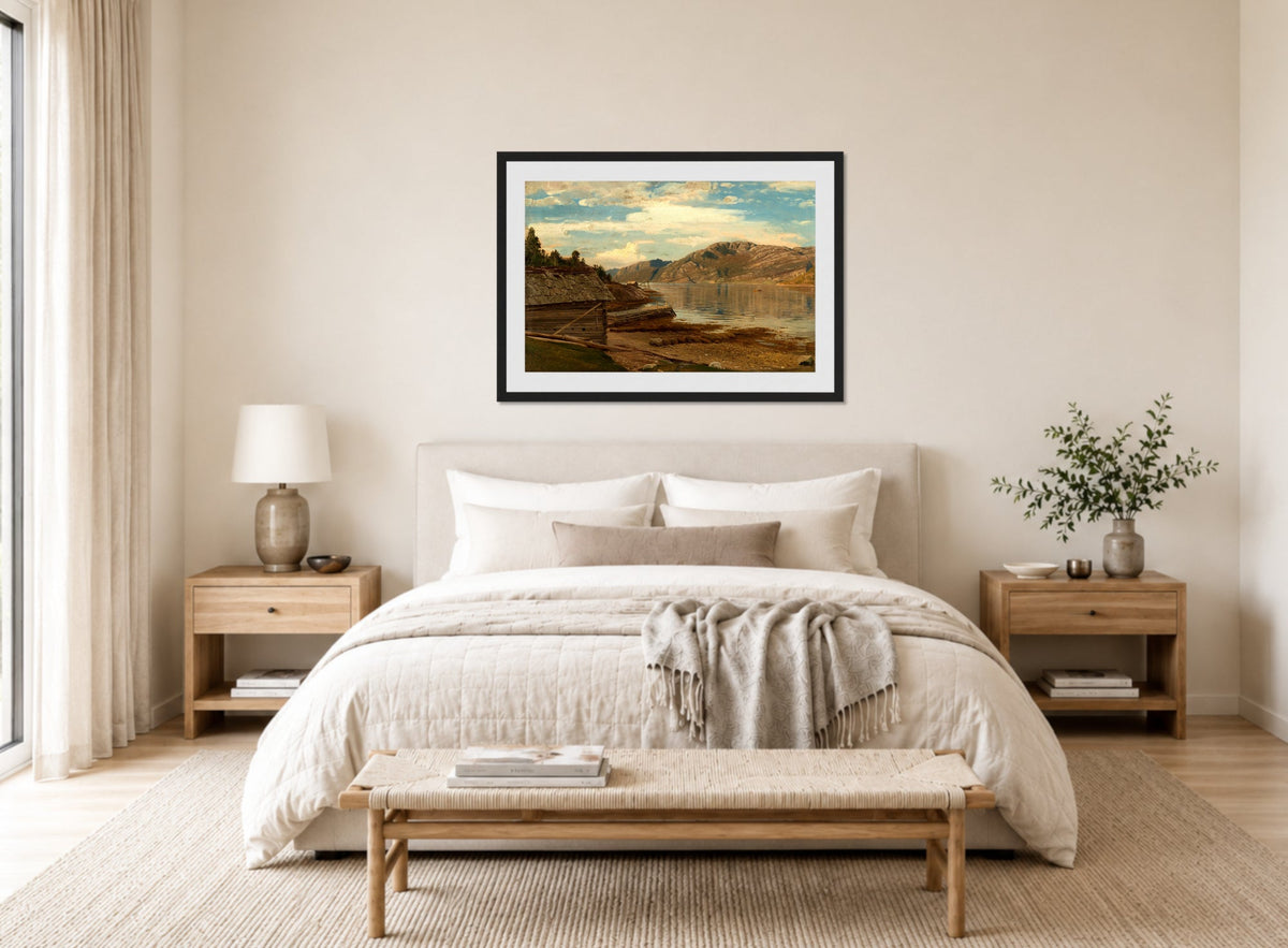 Amaldus Nielsen Print, Aften ved Ænes, Kvinnherred (1865) displayed above a bed