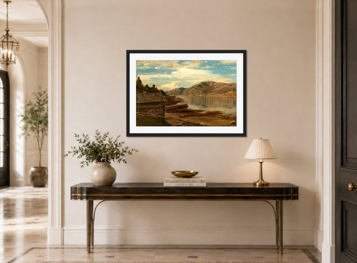 Amaldus Nielsen Print, Aften ved Ænes, Kvinnherred (1865) displayed above a console table