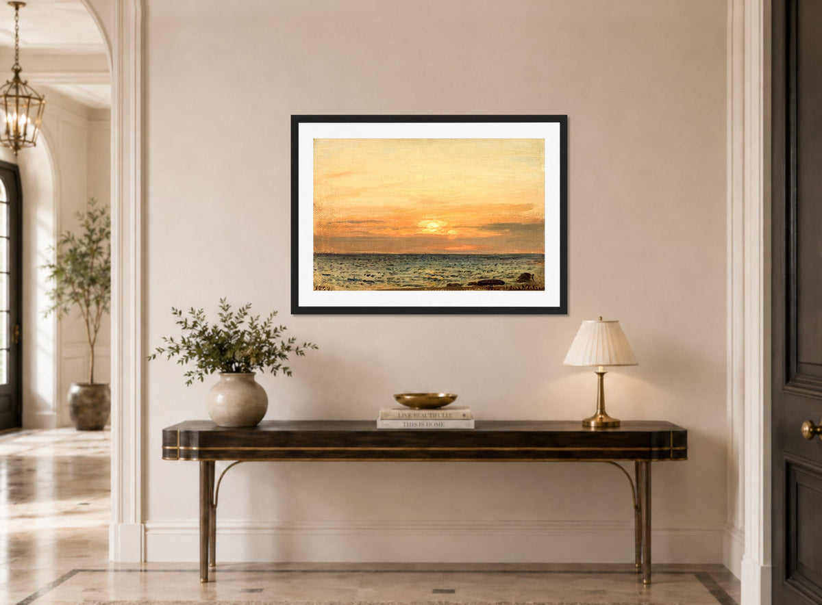 Amaldus Nielsen Print, Aftenstemning (1894) displayed above a console table