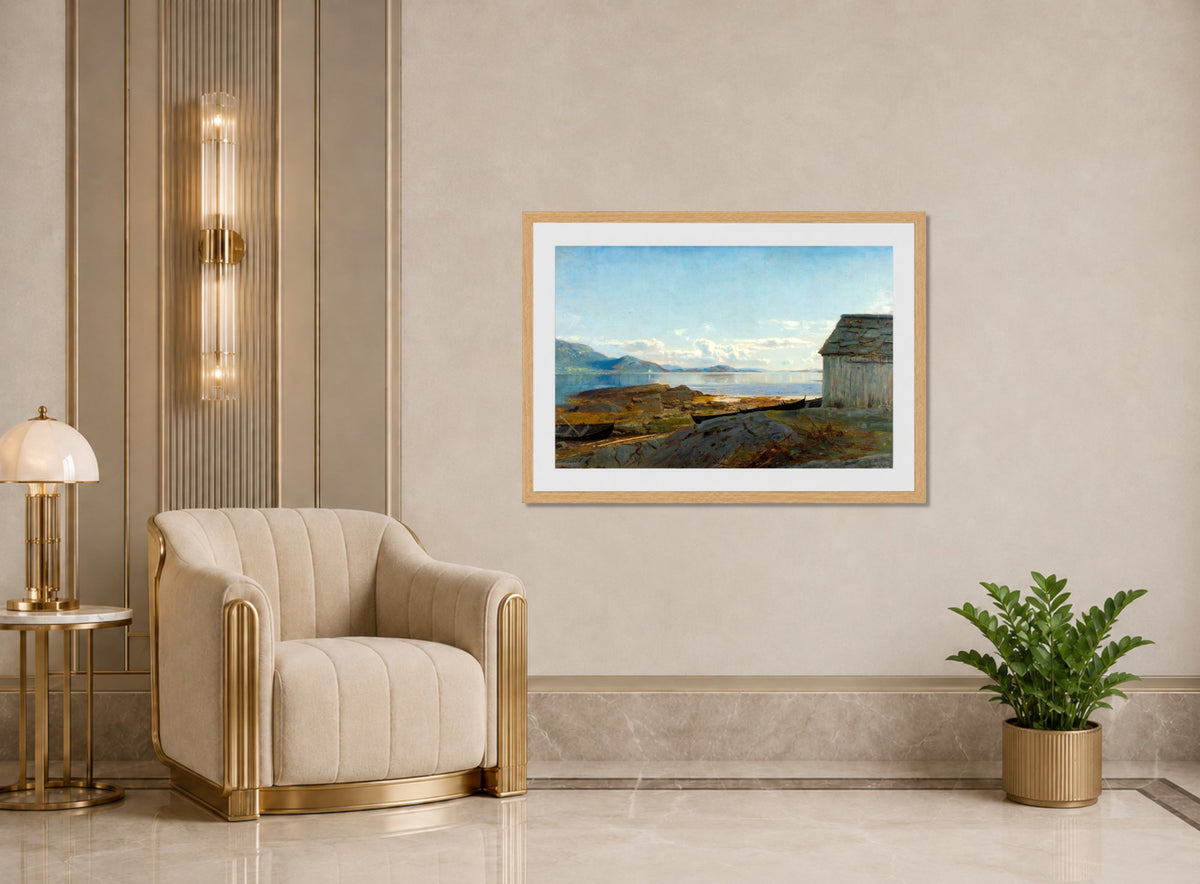 Amaldus Nielsen Print, Approach to Hardanger, Ølve (1863) displayed in an Art Deco interior