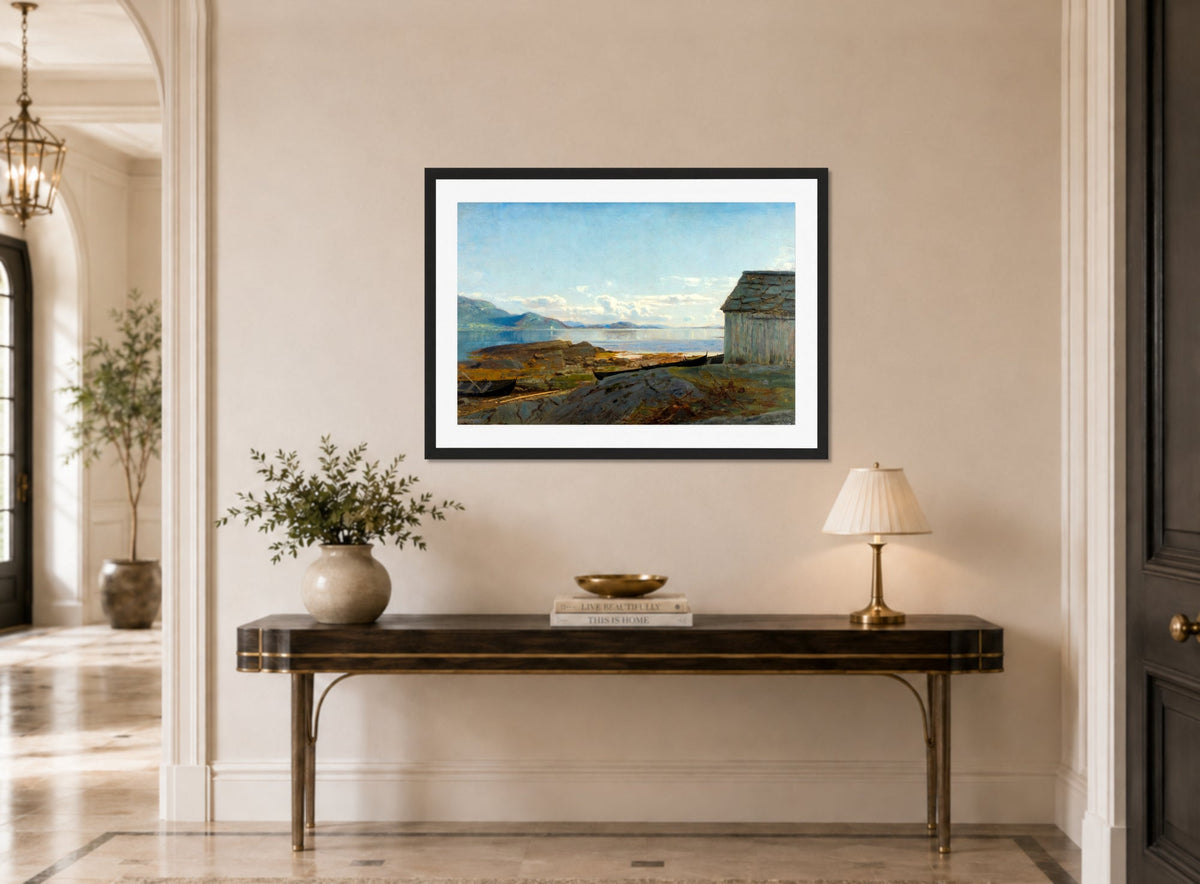 Amaldus Nielsen Print, Approach to Hardanger, Ølve (1863) displayed above a console table