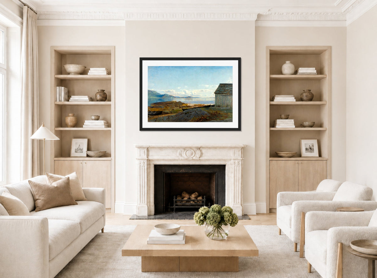 Amaldus Nielsen Print, Approach to Hardanger, Ølve (1863) displayed in a Scandinavian living room