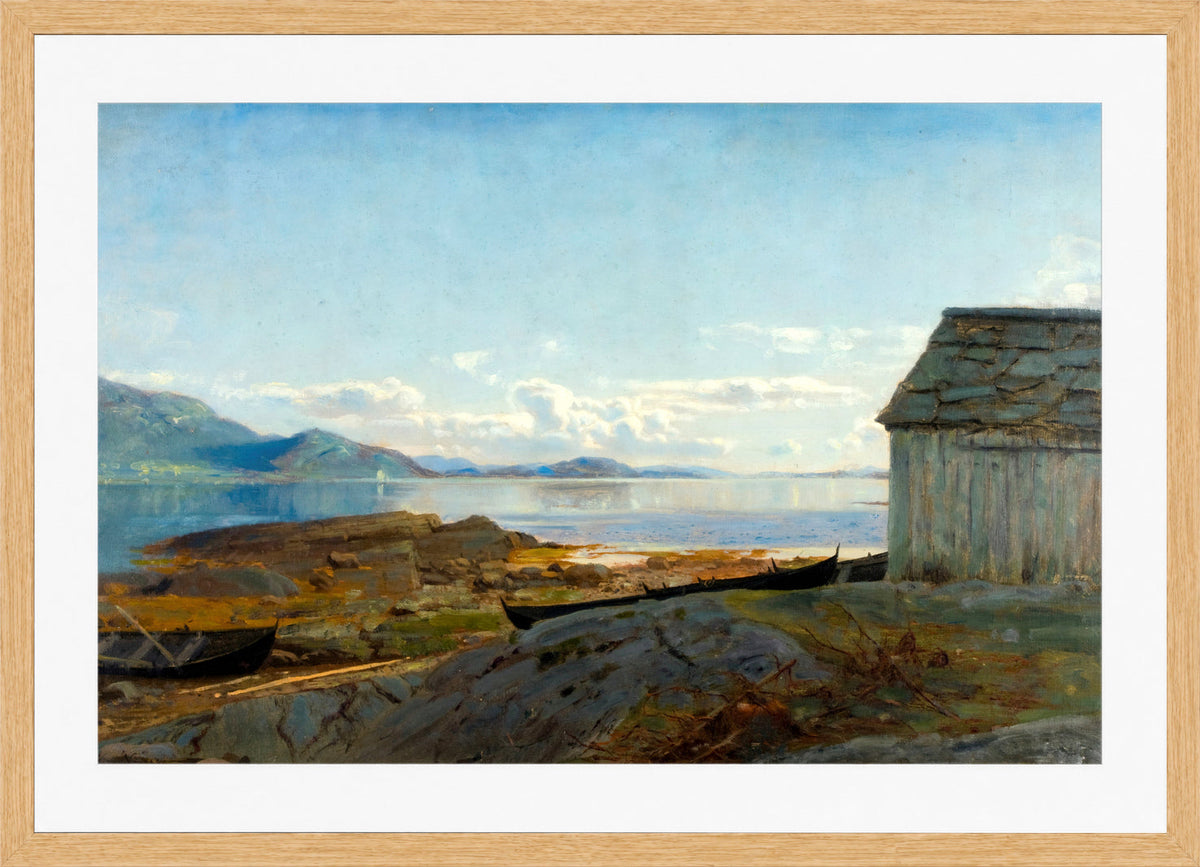 Amaldus Nielsen Print, Approach to Hardanger, Ølve (1863) in a light oak frame