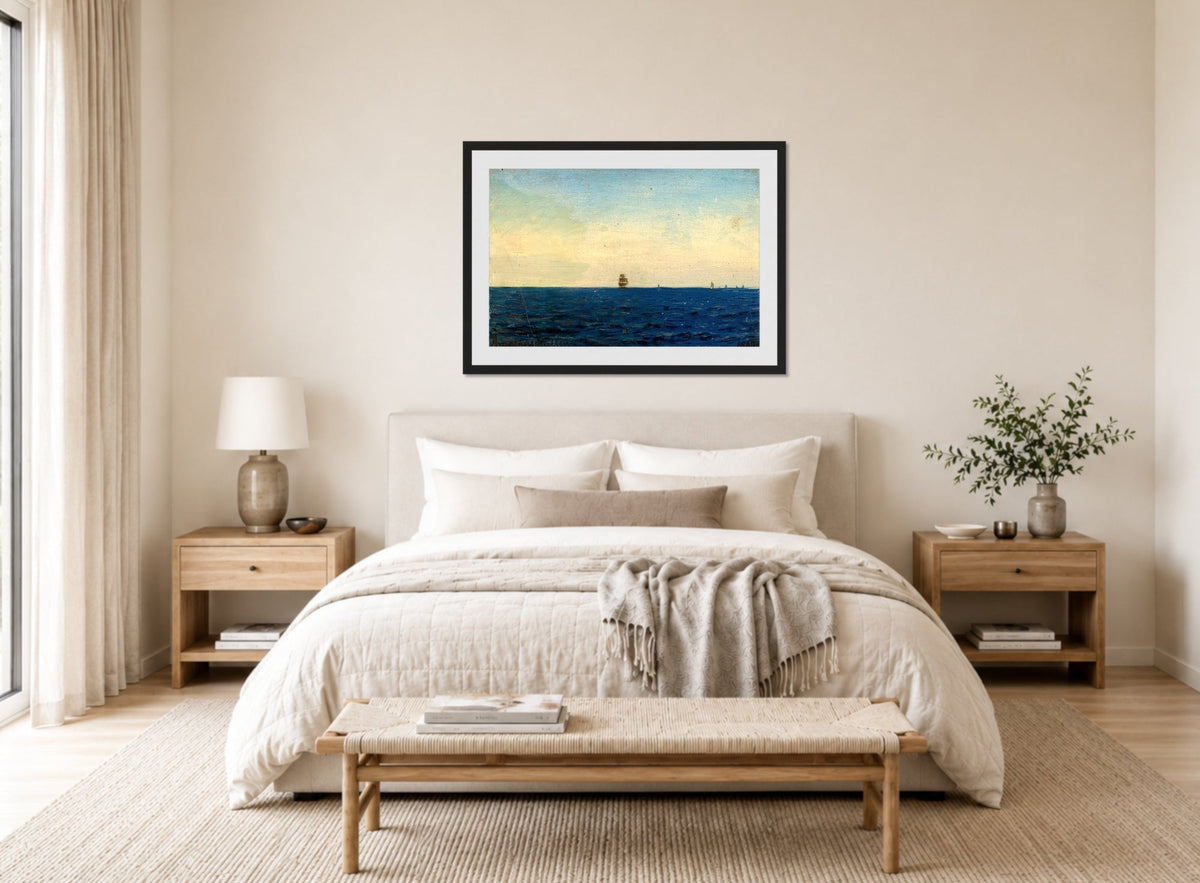 Amaldus Nielsen Print, Atlanterhavet (1860) displayed above a bed