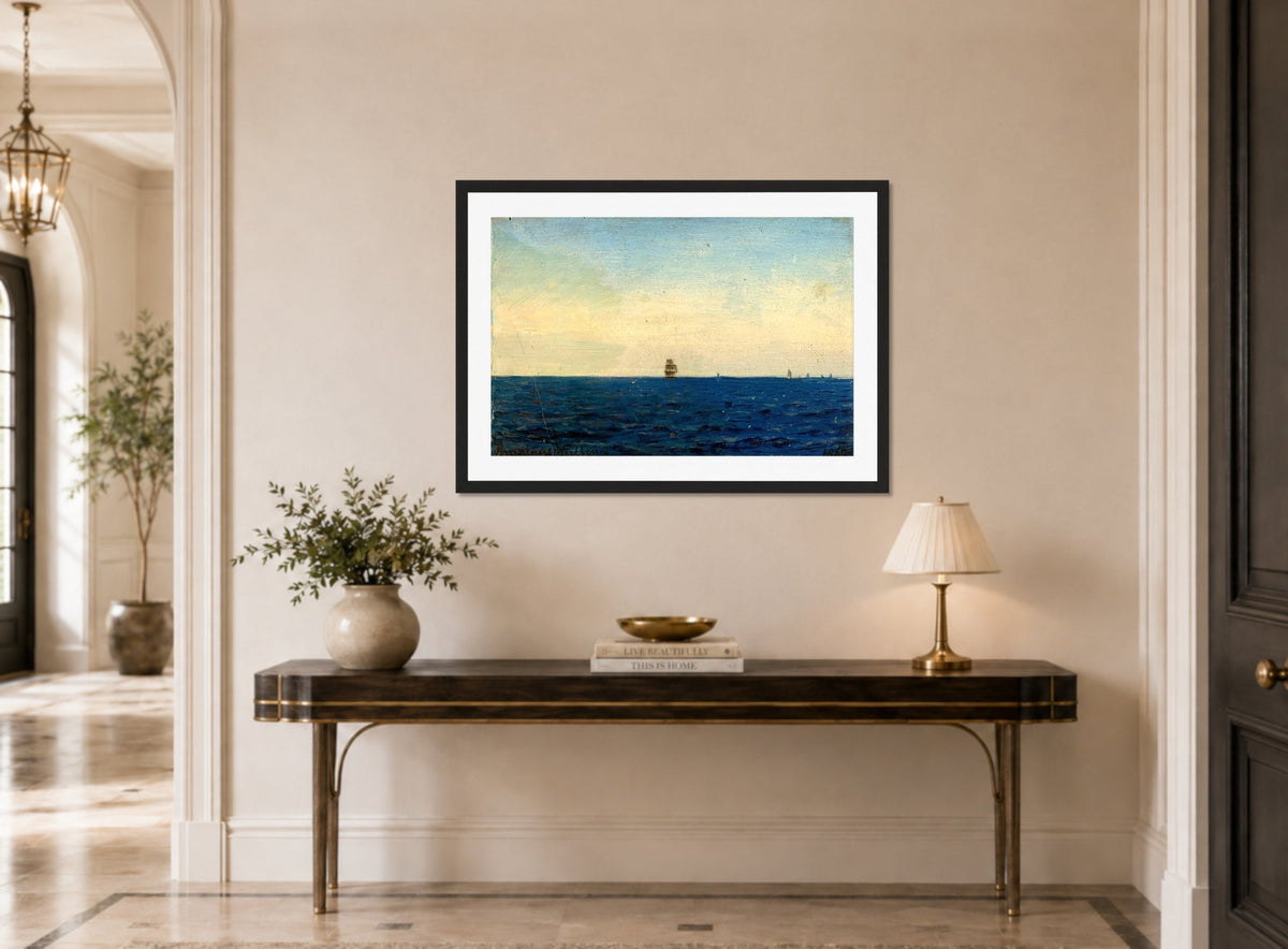 Amaldus Nielsen Print, Atlanterhavet (1860) displayed above a console table