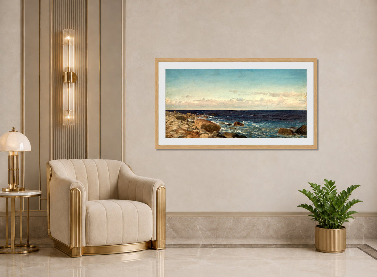 Amaldus Nielsen Print, Bris, Jæren (1892) displayed in an Art Deco interior