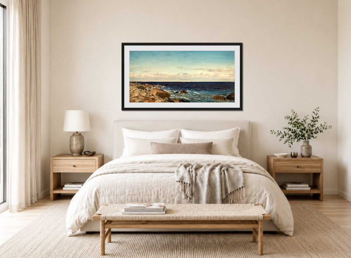 Amaldus Nielsen Print, Bris, Jæren (1892) displayed above a bed