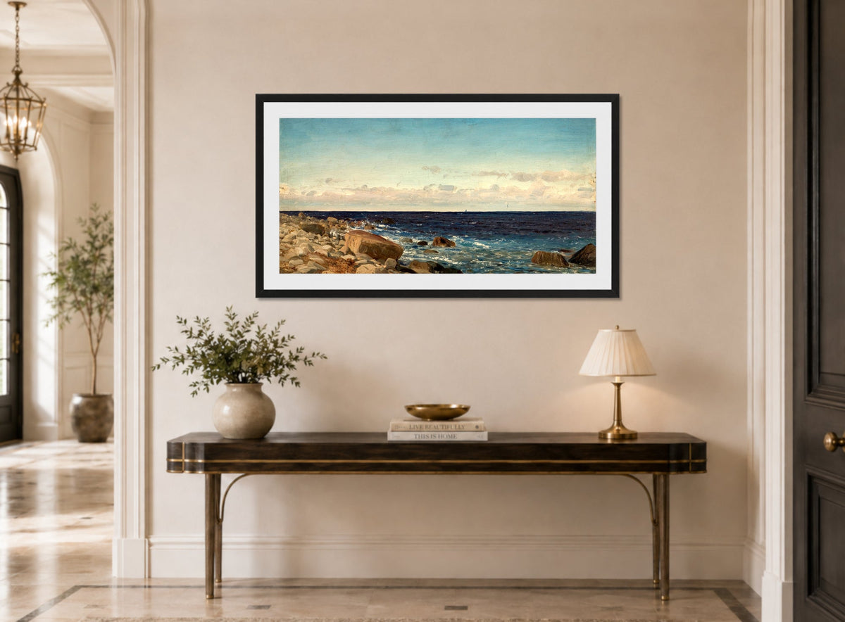 Amaldus Nielsen Print, Bris, Jæren (1892) displayed above a console table