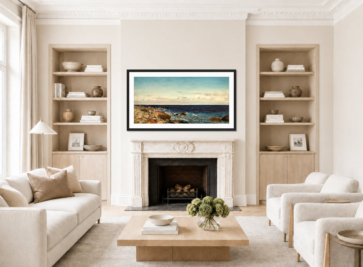 Amaldus Nielsen Print, Bris, Jæren (1892) displayed in a Scandinavian living room