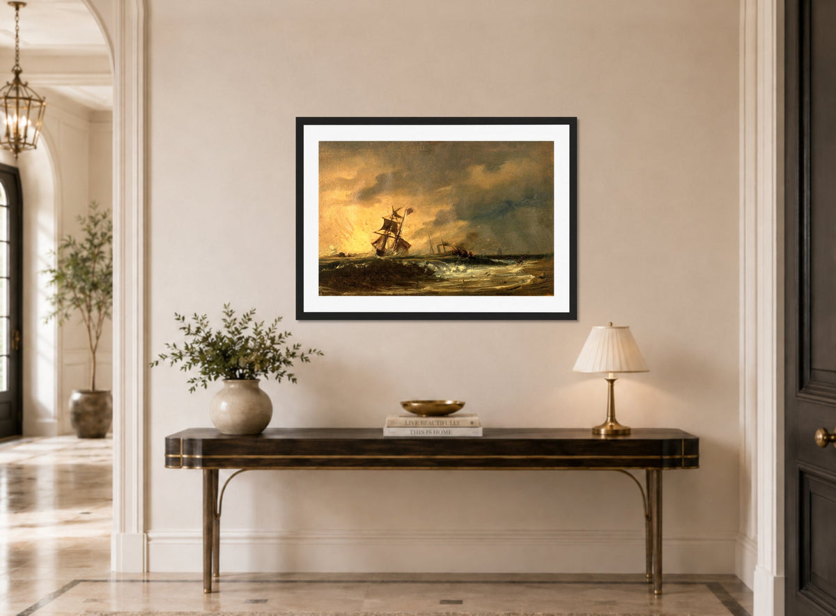 Amaldus Nielsen Print, Den første komposisjon (1859) displayed above a console table