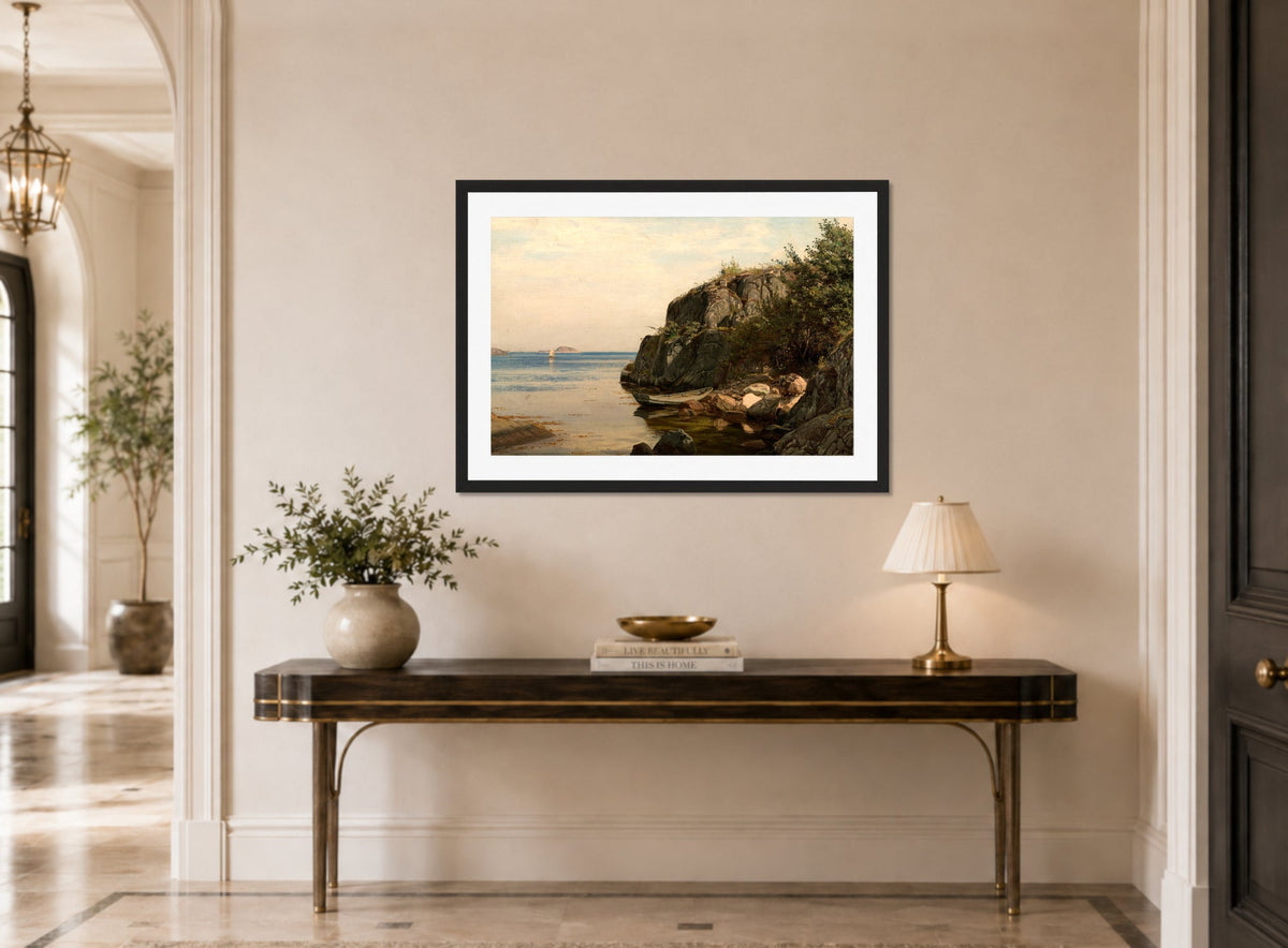 Amaldus Nielsen Print, En holme (1895) displayed above a console table