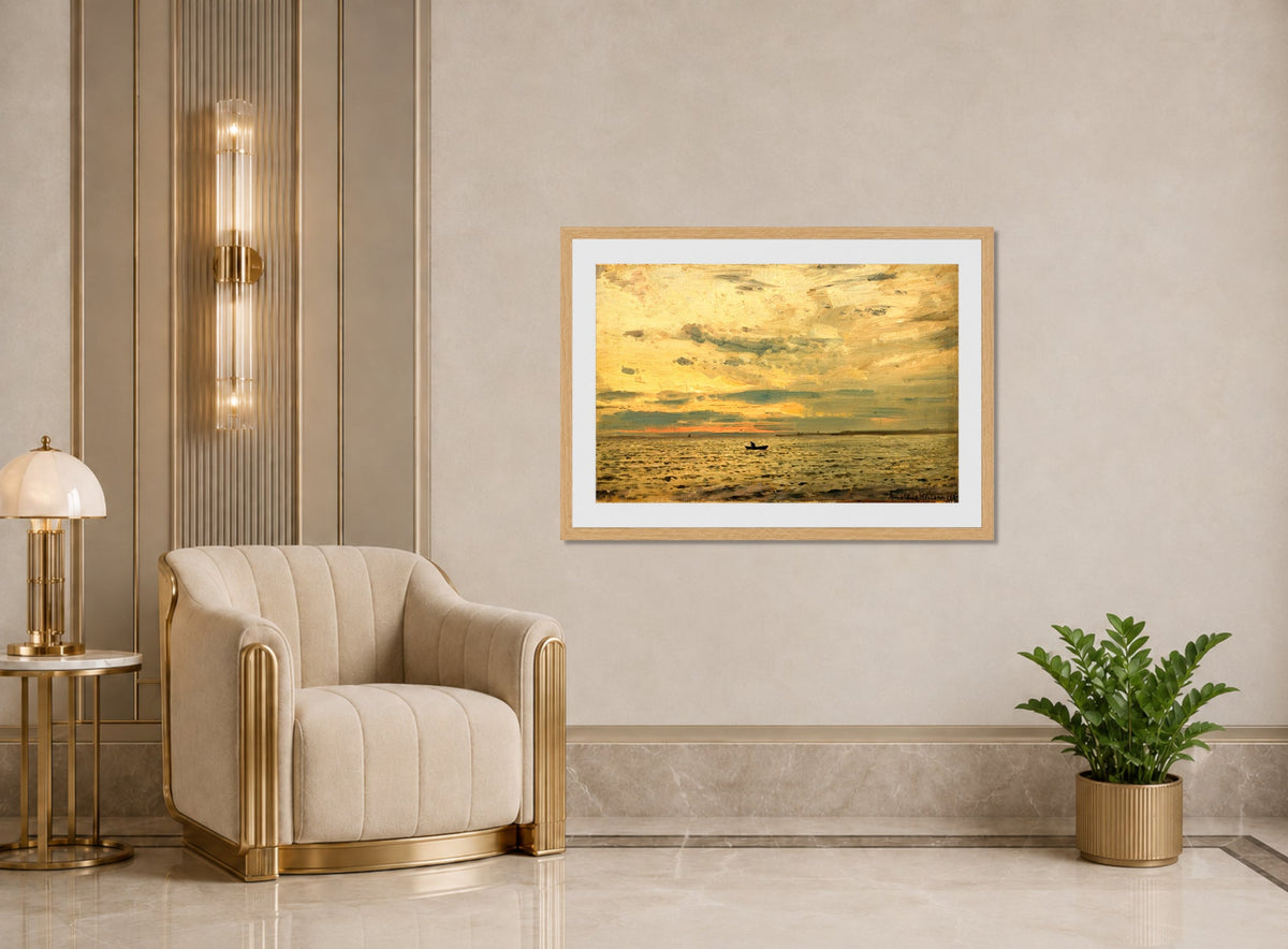 Amaldus Nielsen Print, Etter solnedgang (1889) displayed in an Art Deco interior