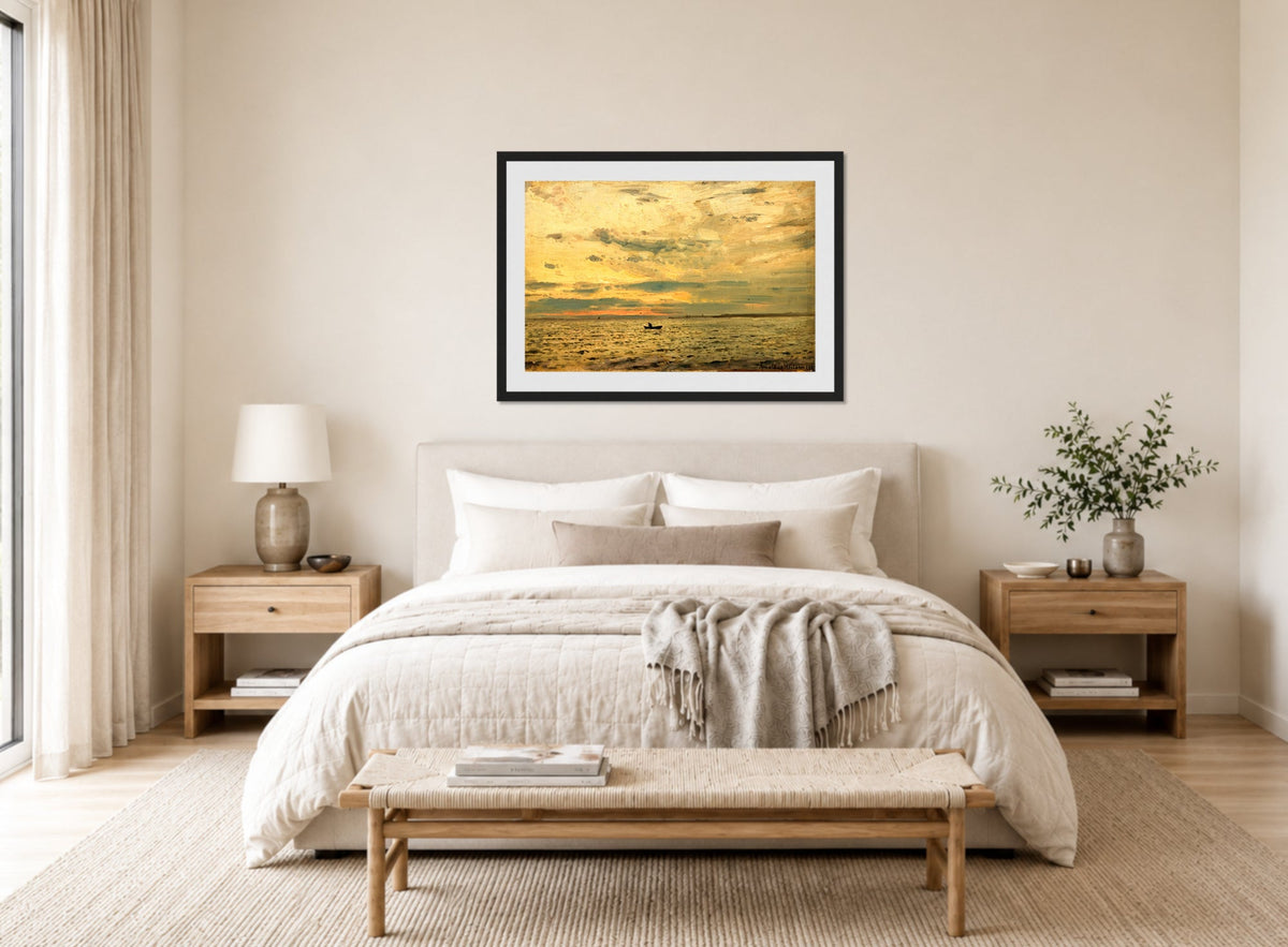 Amaldus Nielsen Print, Etter solnedgang (1889) displayed above a bed