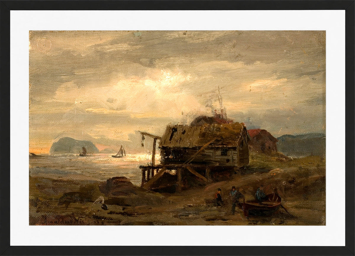 Amaldus Nielsen Print, Fiskerhytter, Kinn (1868) in a black frame